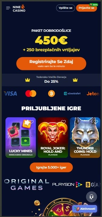 Mobilna različica spletnega mesta igralnice Nine Casino