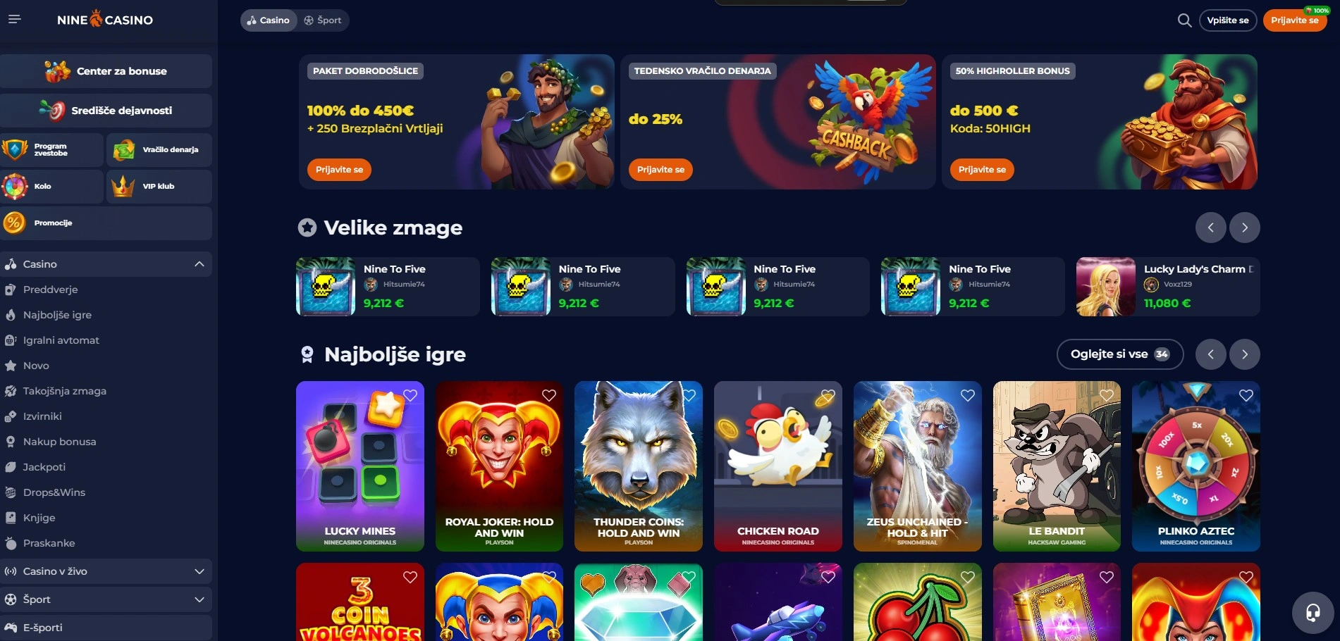 Celotna ponudba igralnih avtomatov v Nine Casino