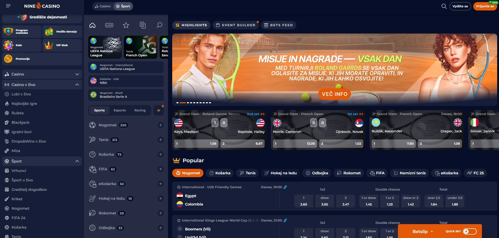 Športne stave pred tekmo v NineCasino
