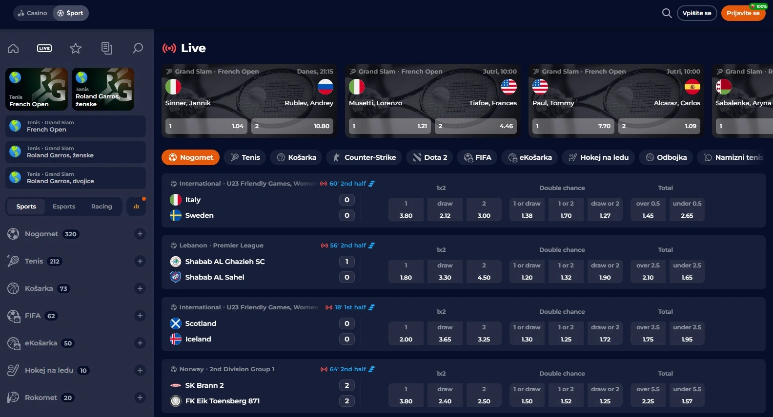 Športne stave v živo v Nine Casino